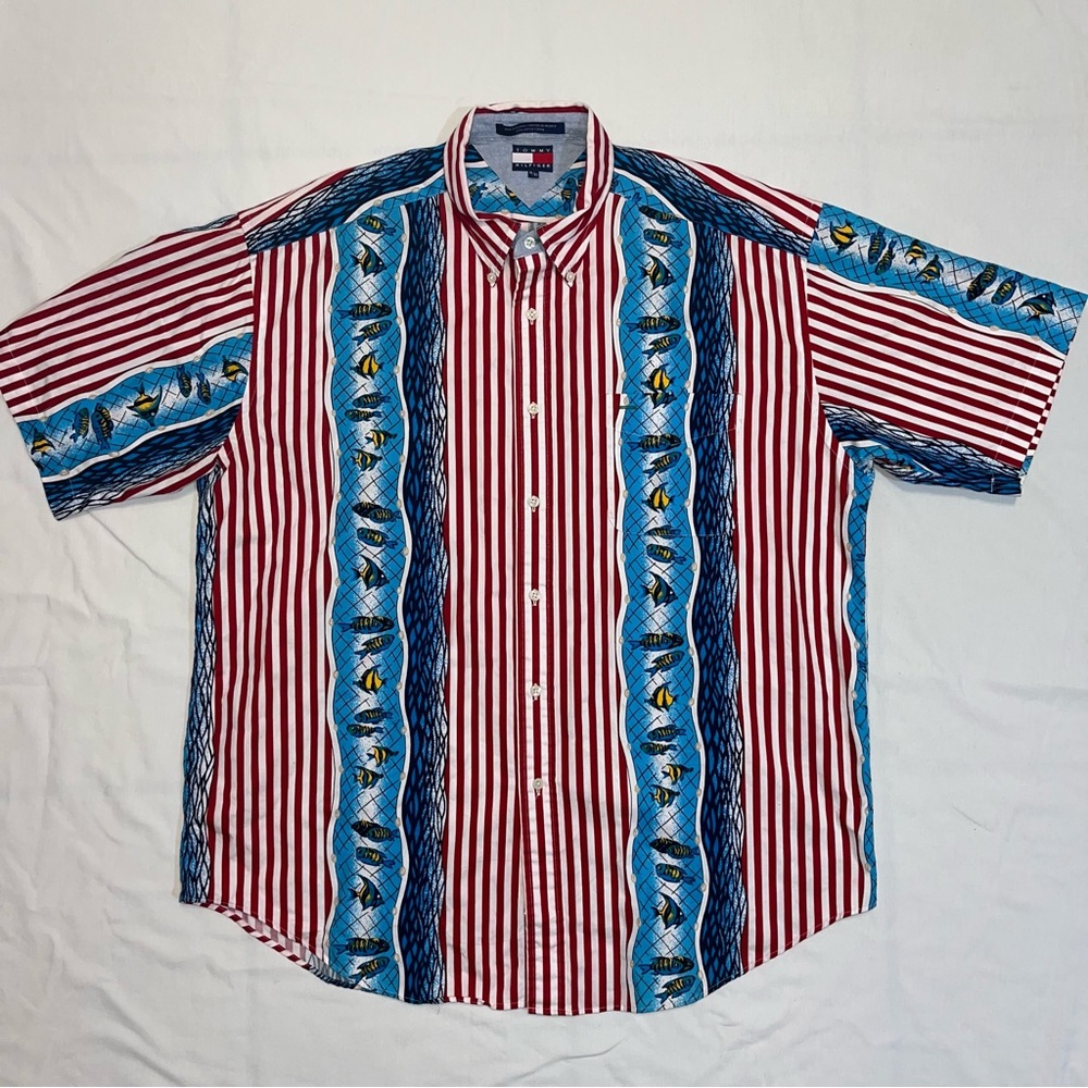 Vintage Tommy Hilfiger Shirt Mens XLarge Striped Fish Flag Pocket Short Sleeve